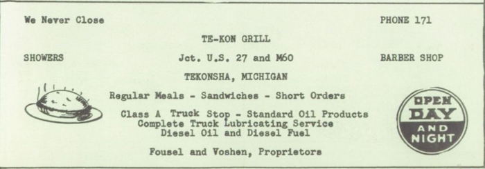 Tekon Grill (Te-Kon Grill & Truck Stop) - Vintage Tekonsha Yearbook Ad